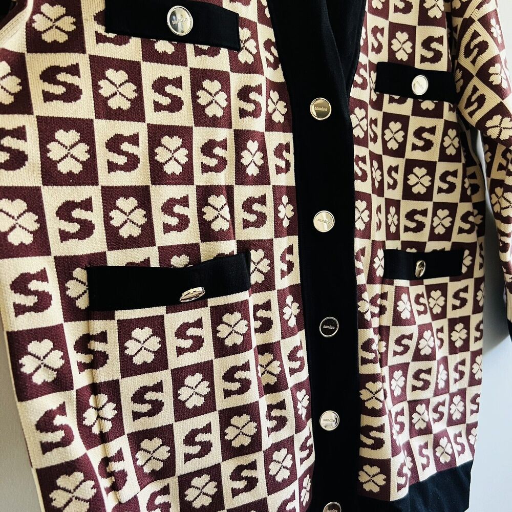 SANDRO Brown Beige Long Coatigan With Jacquard Pattern - 1 (Small) - Picture 4 of 6